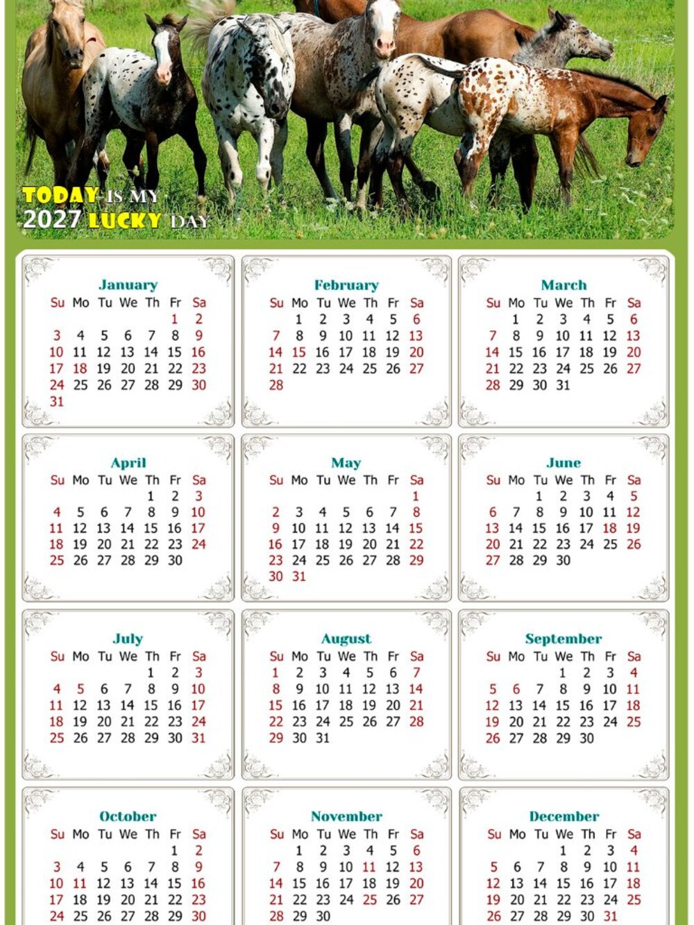 2027 Magnetic Calendar - Today is my Lucky Day - Horses Themed 02 (5.25 x 8)